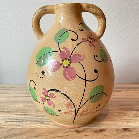 Vintage Tonala Mexican Floral Pottery Vase